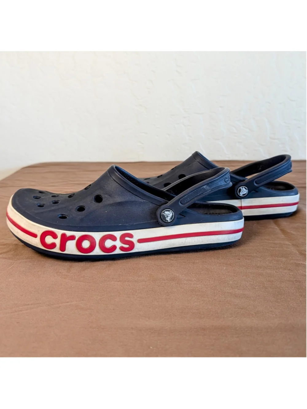 Crocs Bayaband Clogs Navy Blue Red and White Comfort Shoes Men's 8 Women's 10